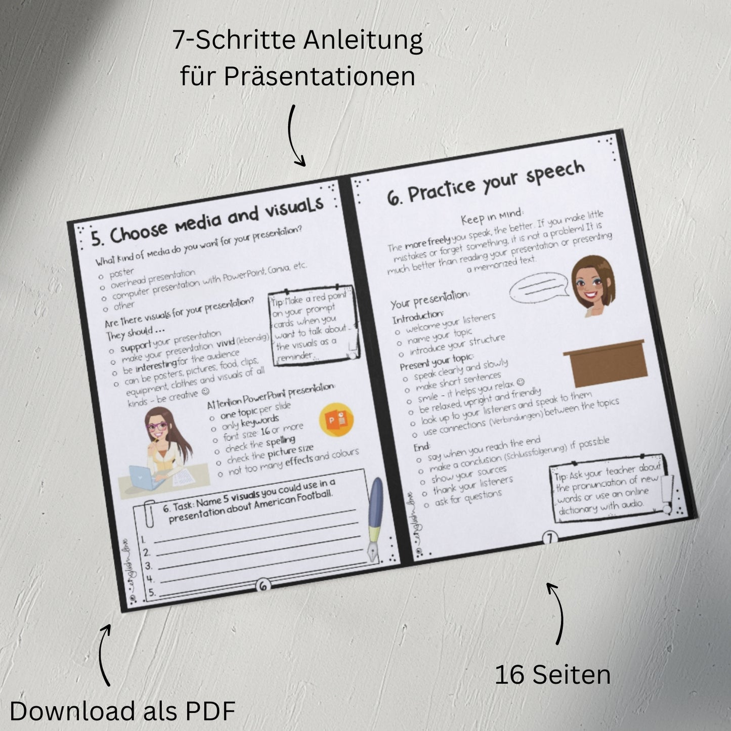 Anleitung, Tipps, Hilfe für Präsentationen in Englisch