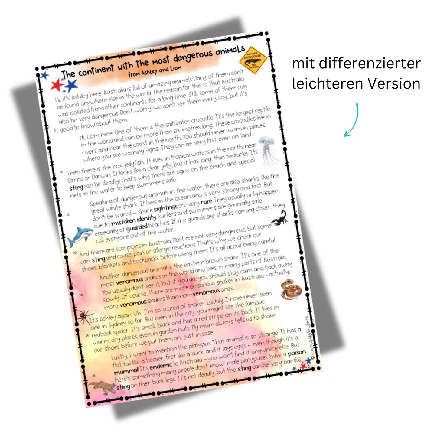 Australien Reading Comprehension für Englischlehrkräfte Klasse 9 Differenzierung