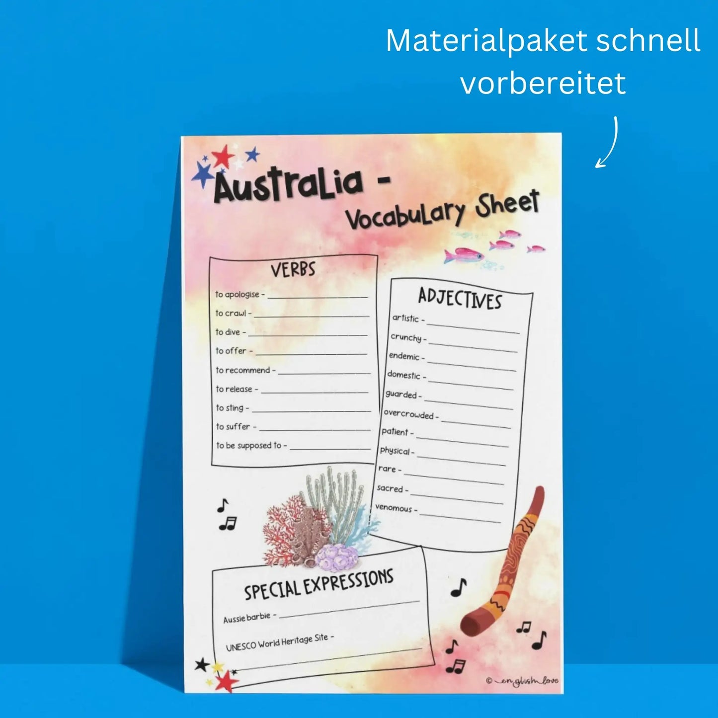 Australien Materialpaket schnelle Vorbereitung für Englischlehrkräfte. Vokabel & Wortschatz