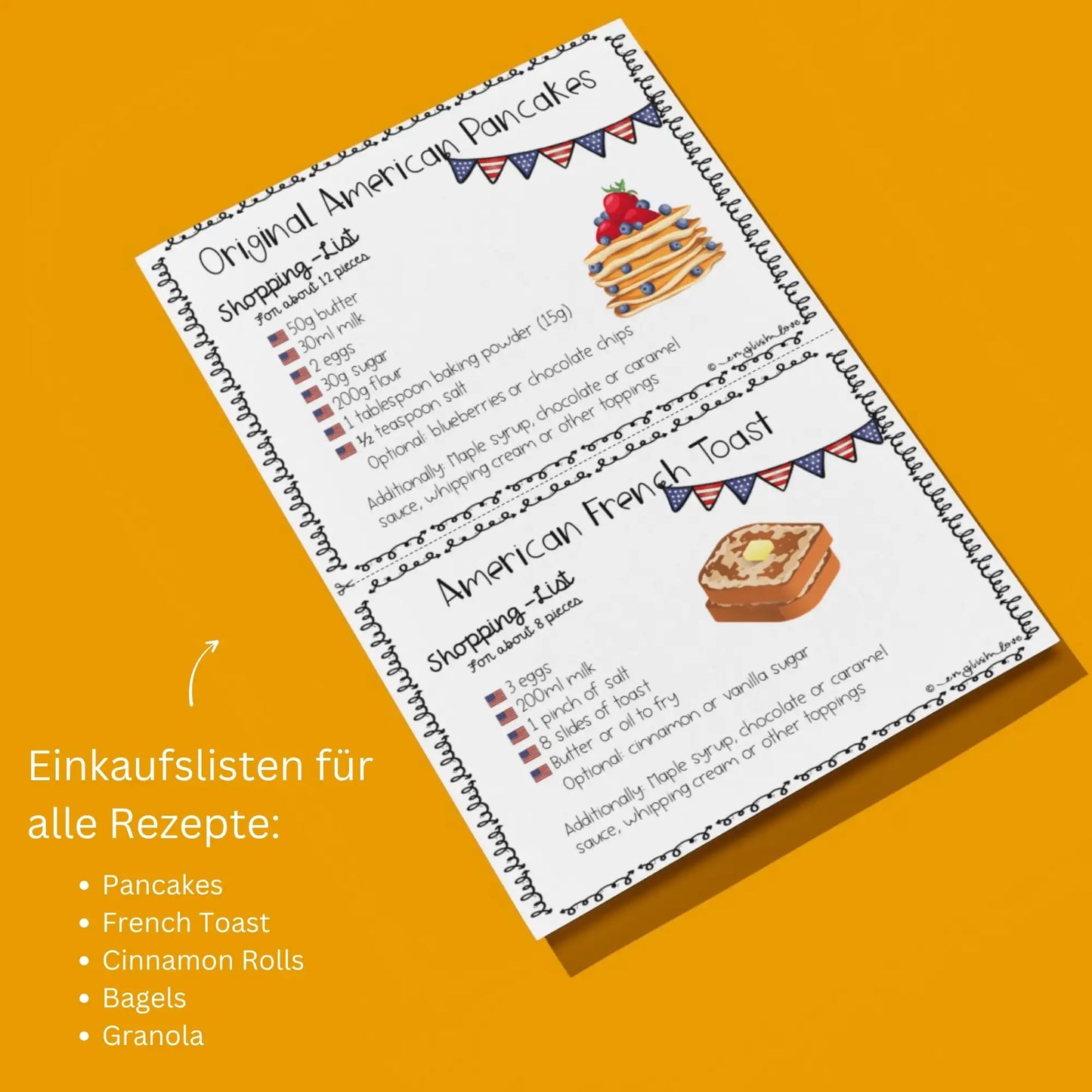 Englischunterricht American Breakfast Frühstück Shopping List Einkaufsliste Rezepte recipe