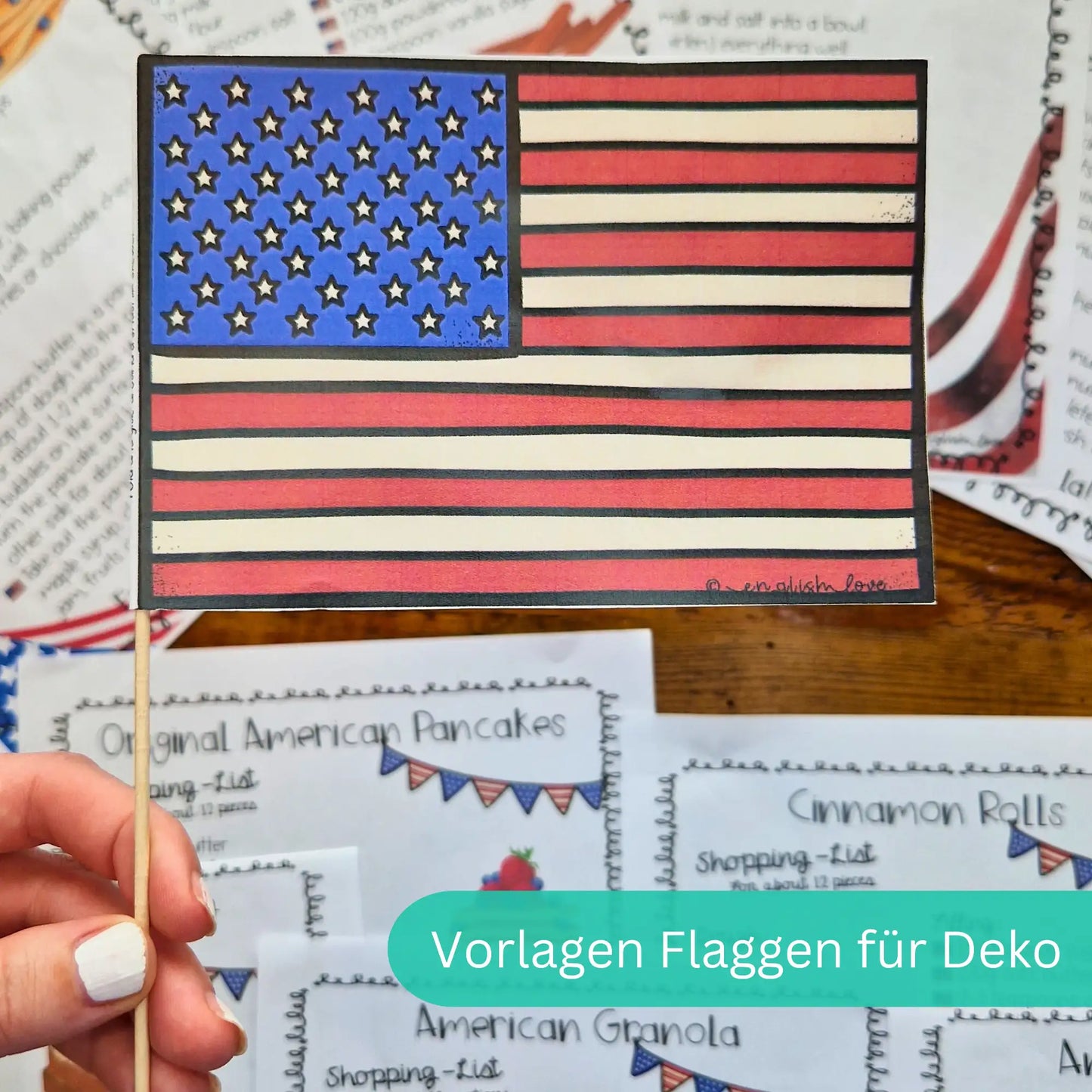 Englischunterricht American Breakfast Frühstück Vorlagen Flagge Deko Klassenzimmer