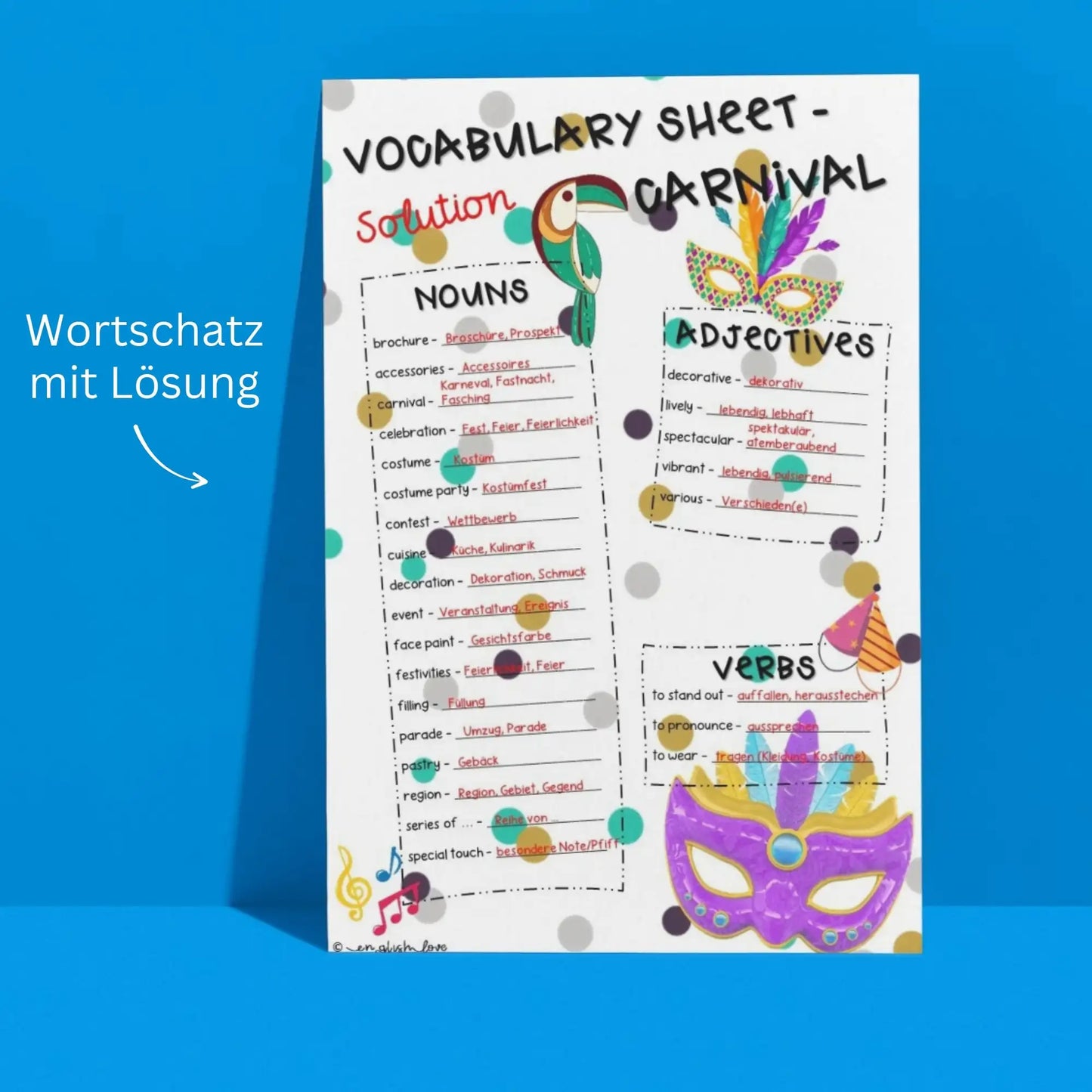 Karneval Fasching Englisch Vokabeln Wortschatz