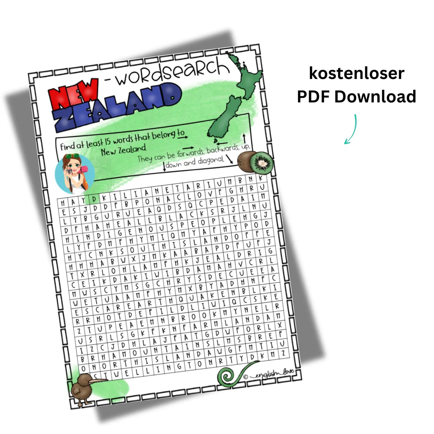 Neuseeland Englischunterricht Arbeitsblatt Suchsel kostenlos PDF Download