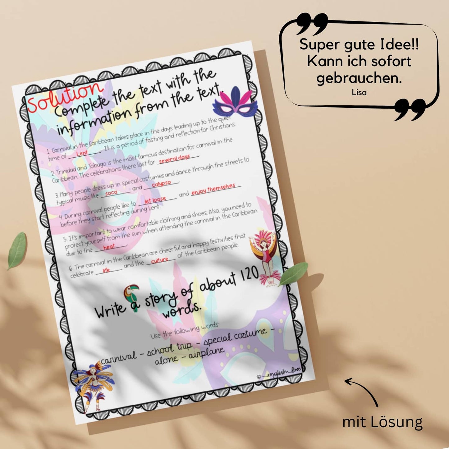 Unterrichtsmaterial Englisch Reading Comprehension Karneval Fasching Lösung