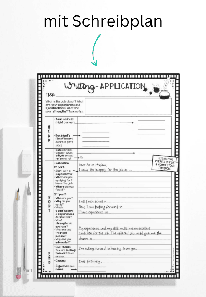 Writing application Schreibplan Englischunterricht