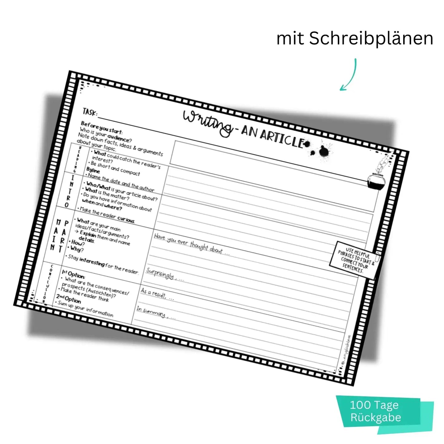 Unterrichtsmaterial Writing an article für Englischlehrkräfte. Klasse 7 - 10 Englischunterricht. Article Schreibplan