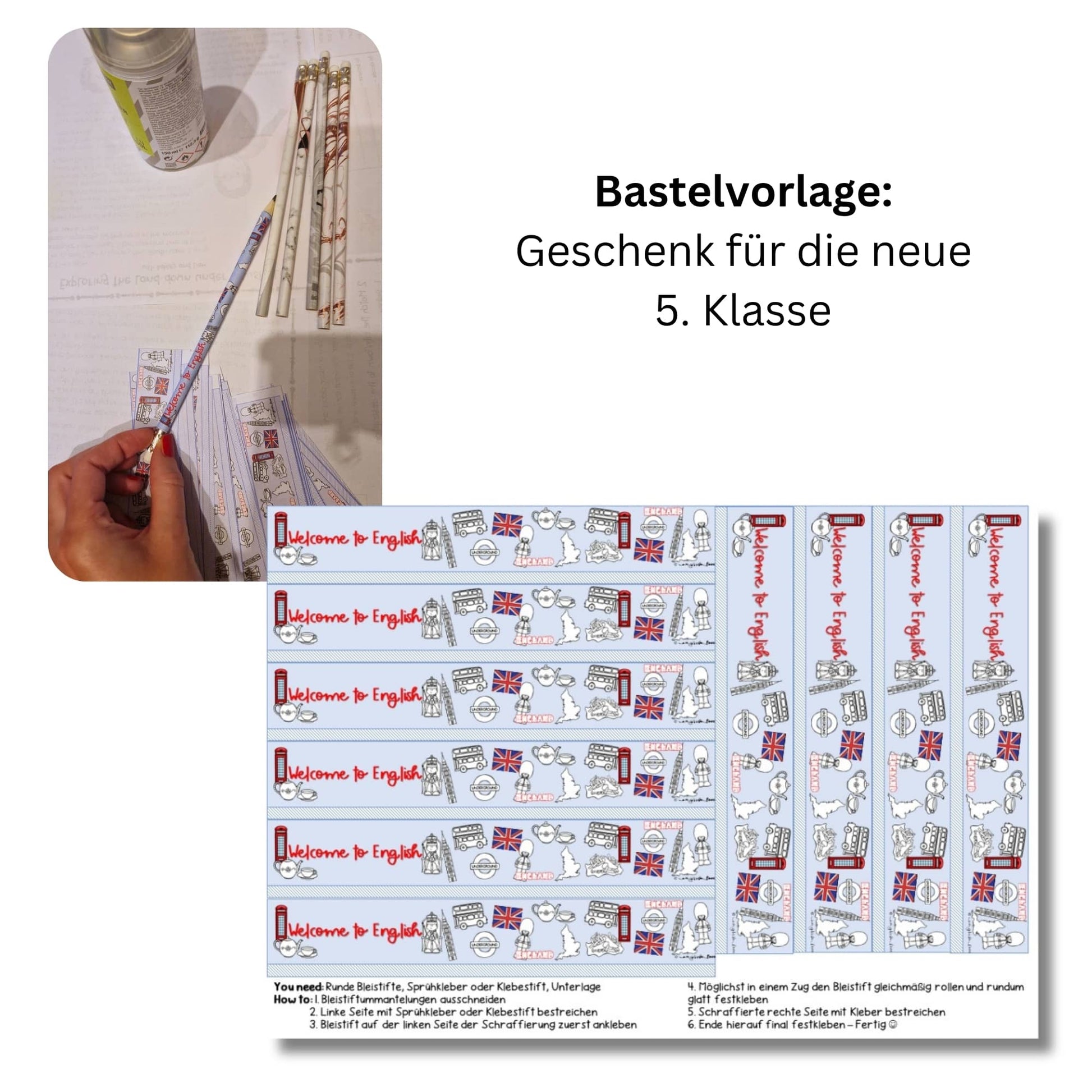 Geschenk Bleistift Bastelvorlage für deine neue 5. Klasse in Englisch. Führ Englischlehrkräfte.