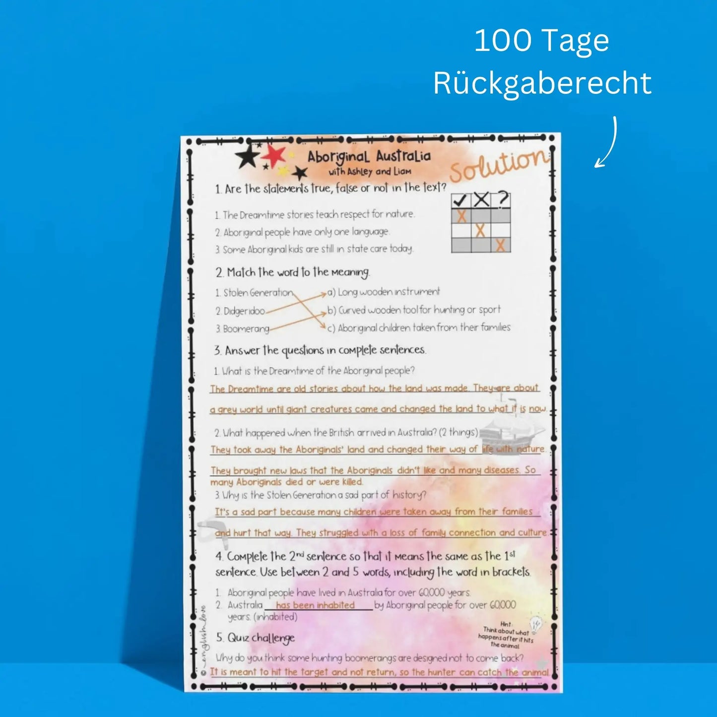 Australien Reading Comprehension mit Lösung. 100 Tage Widerrufsrecht