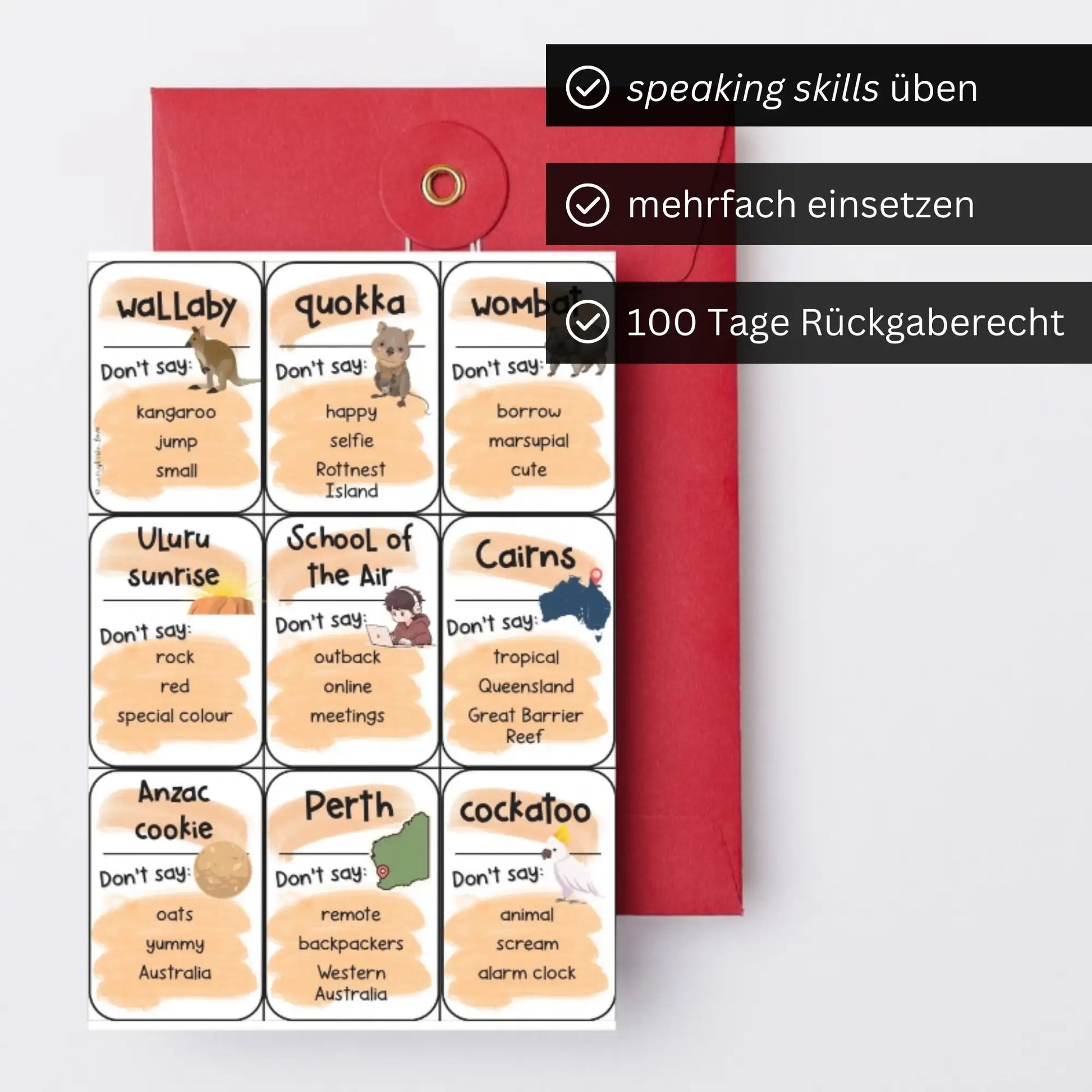 Australien Don't say it Karten 100 Tage Rückgaberecht für Englischlehrkräfte