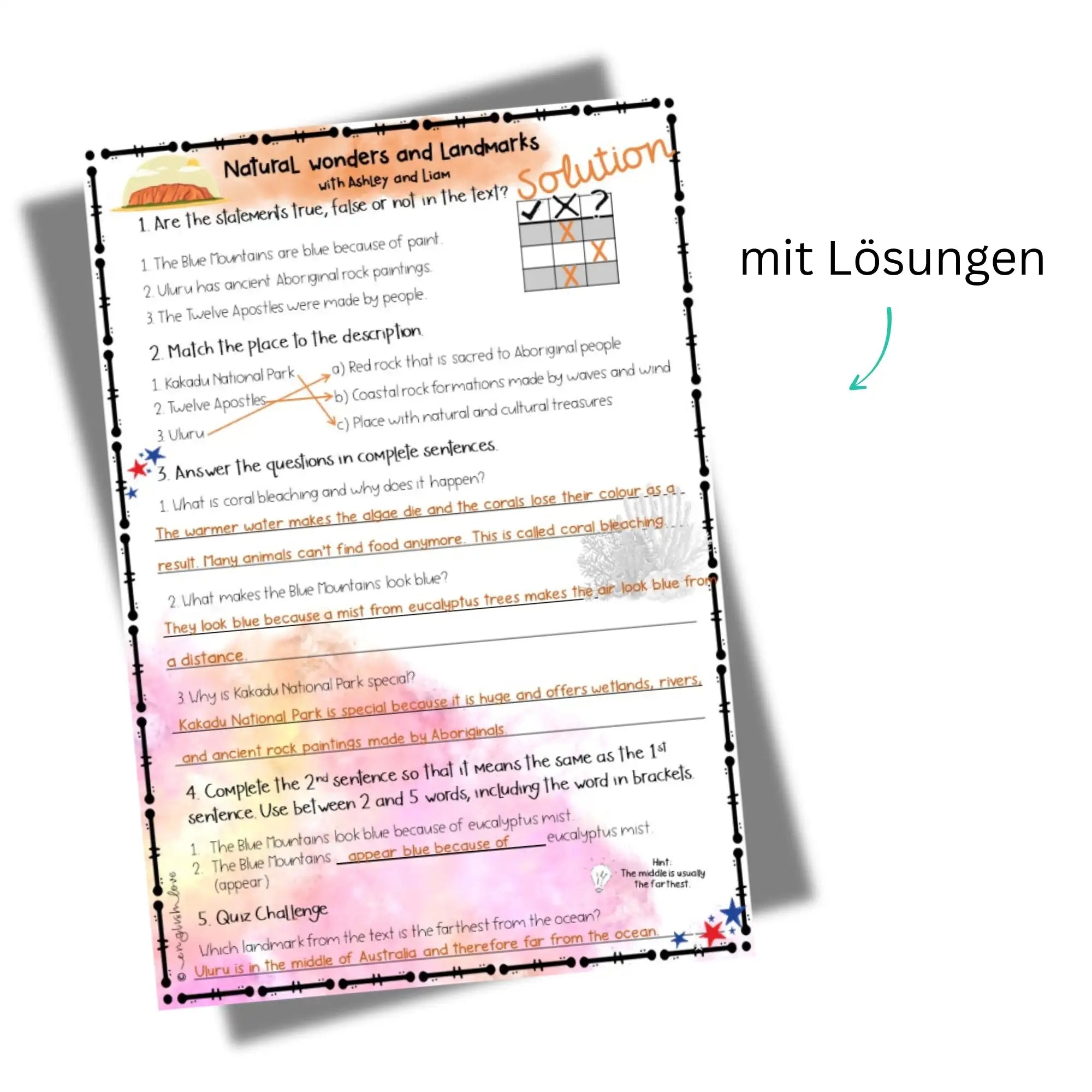 AUstralien Reading Comprehension Arbeitsblatt mit Lösung. PDF Download für den Englischunterricht