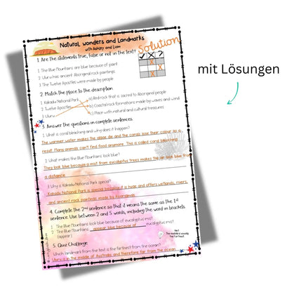 AUstralien Reading Comprehension Arbeitsblatt mit Lösung. PDF Download für den Englischunterricht