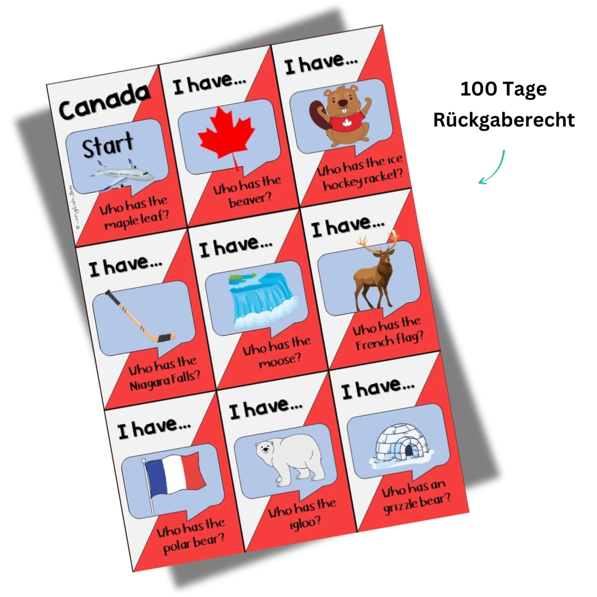 Kanada im Englischunterricht. Spiel für Englischlehrkräfte. I have who has Speaking Game ab Klasse 7 zur Canada Unit. Material 100 Tage Rückgaberecht