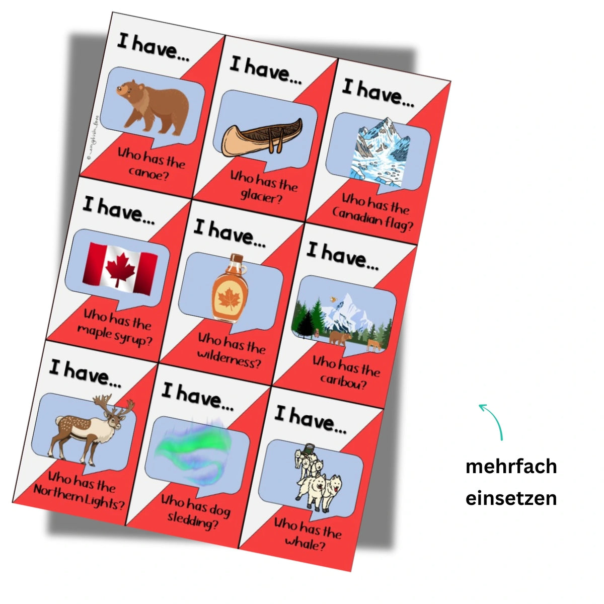 Kanada im Englischunterricht. Spiel für Englischlehrkräfte. I have who has Speaking Game ab Klasse 7 zur Canada Unit. Spiel mehrfach einsetzen