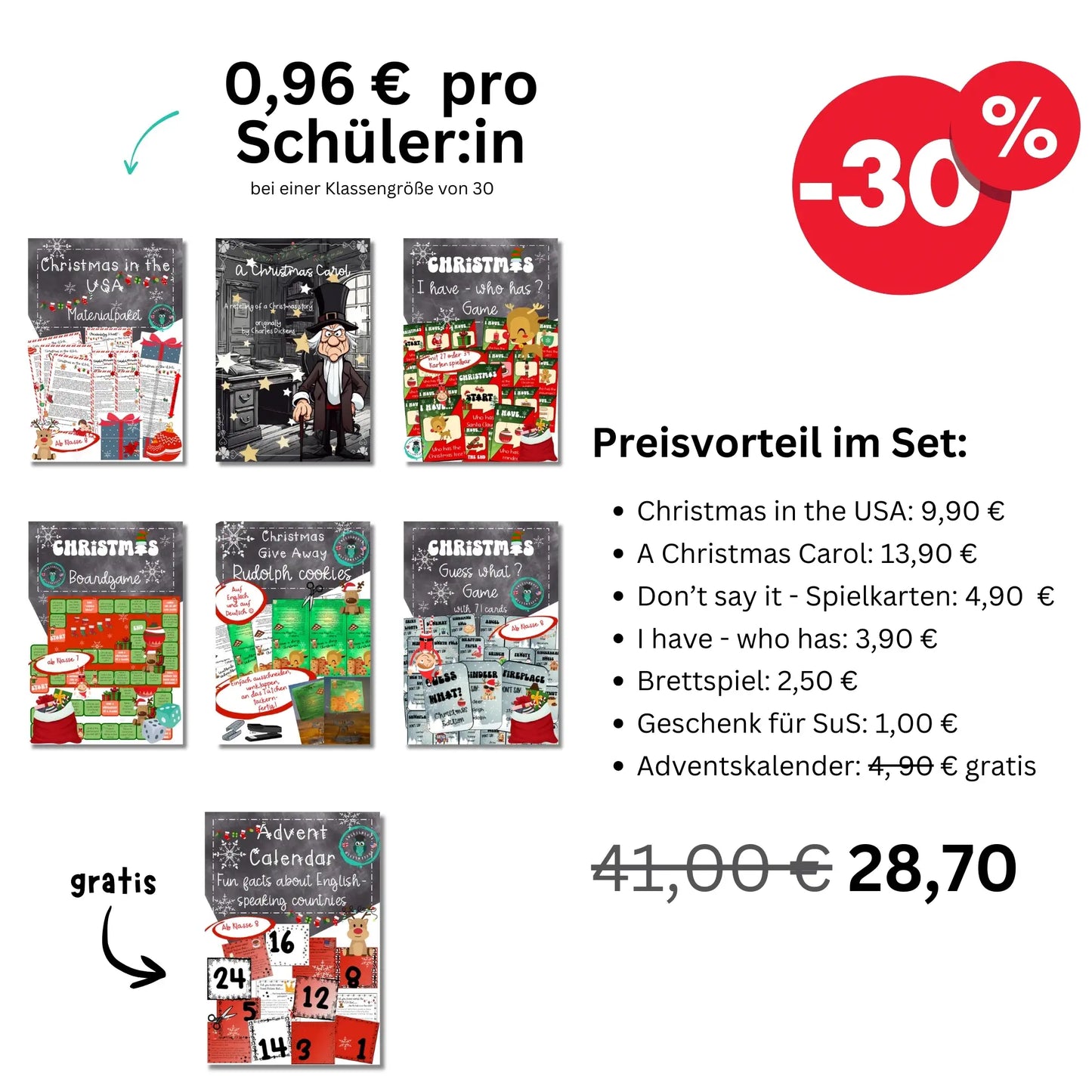 Christmas Bundle für den Englischunterricht Klasse 7–11: Übersicht für Lehrkräfte