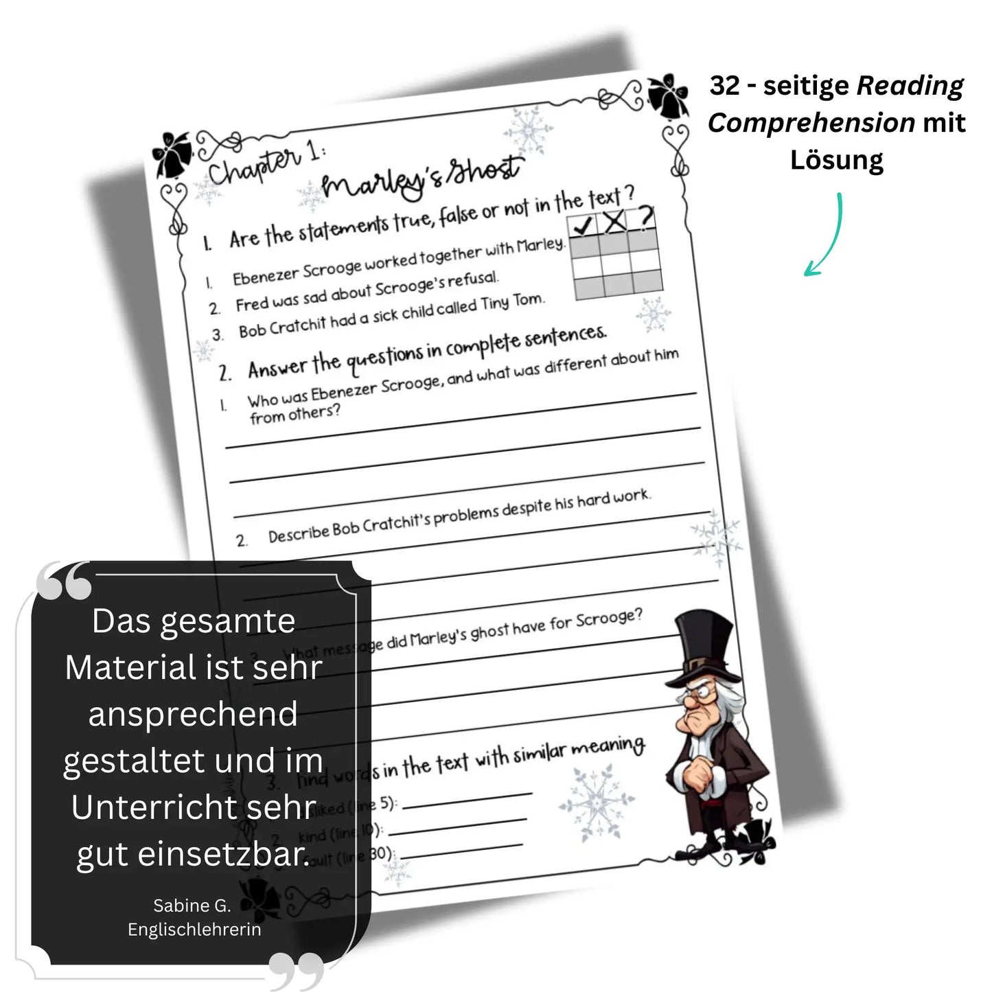 Reading Comprehension "A Christmas Carol" Englischunterricht Klasse 10. Übungen, Arbeitsblätter, Lösung für Lehrkräfte