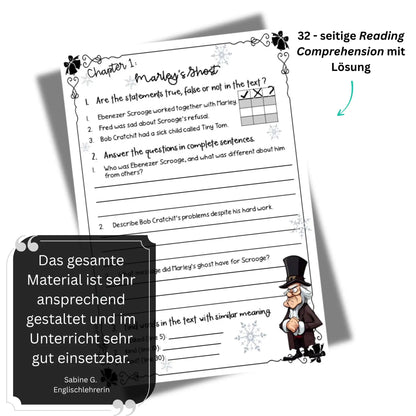 Reading Comprehension "A Christmas Carol" Englischunterricht Klasse 10. Übungen, Arbeitsblätter, Lösung für Lehrkräfte