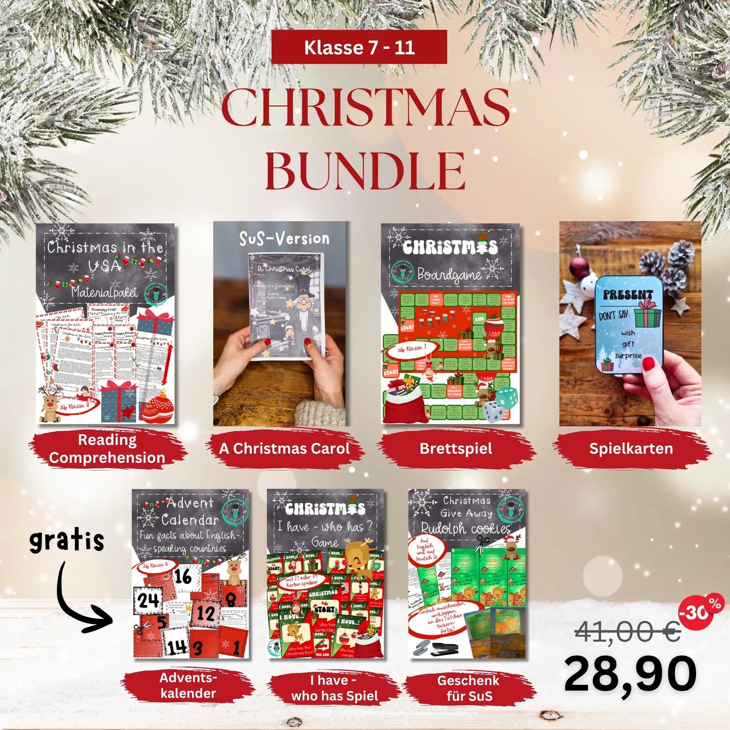 Christmas Bundle für den Englischunterricht Klasse 7–11: Übersicht Arbeitsblätter für Lehrkräfte