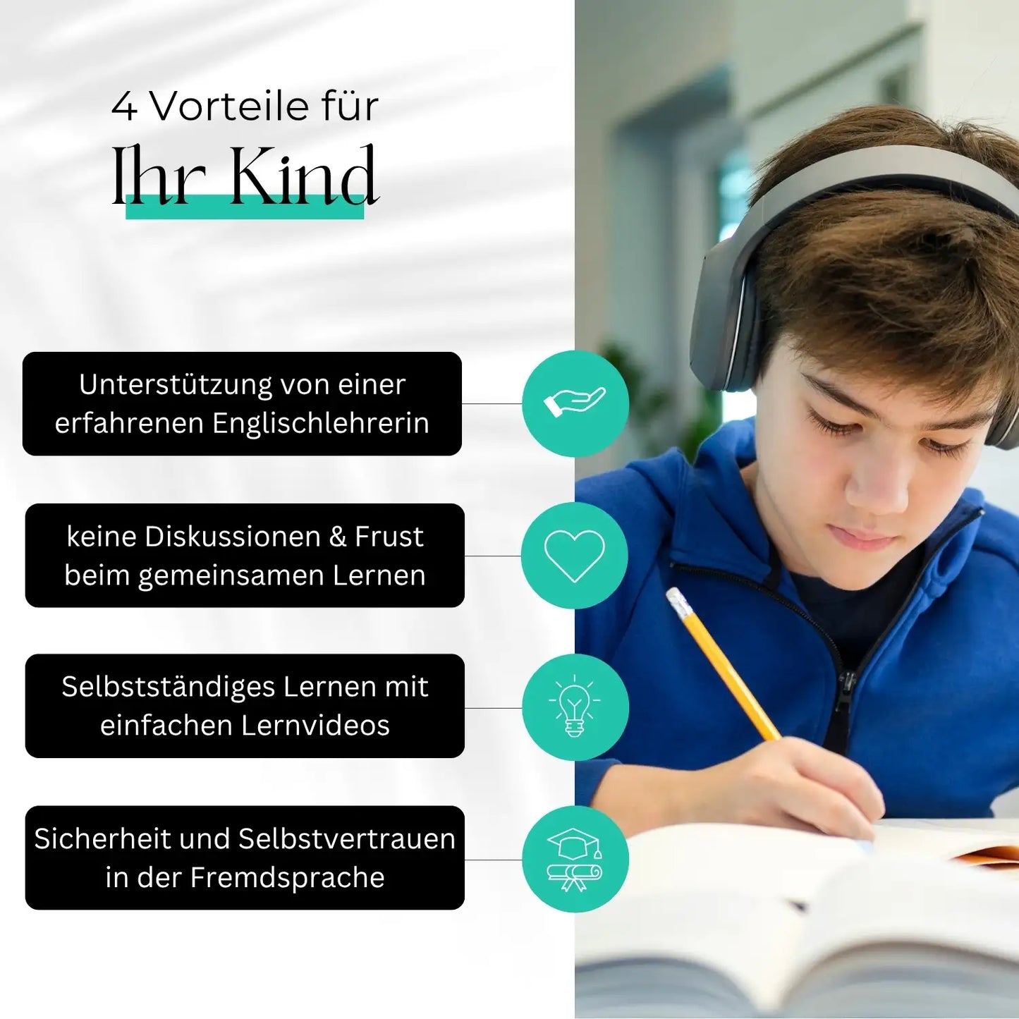 4 Vorteile für Ihr Kind: Unterstützung, Erfolg Lernen, selbstständiges Lernen, Sicherheit in Englisch