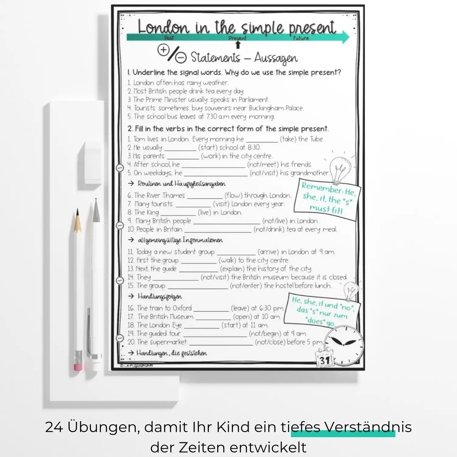 Arbeitsblatt und Übungen zu den englischen Zeiten für Schüler in Klasse 6-12