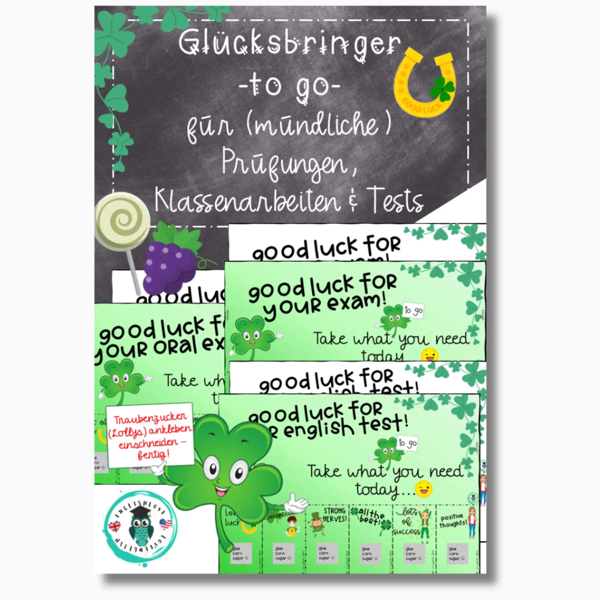 Glücksbringer Englisch: Prüfung, mündliche Prüfung, exam, Klassenarbeit, Test