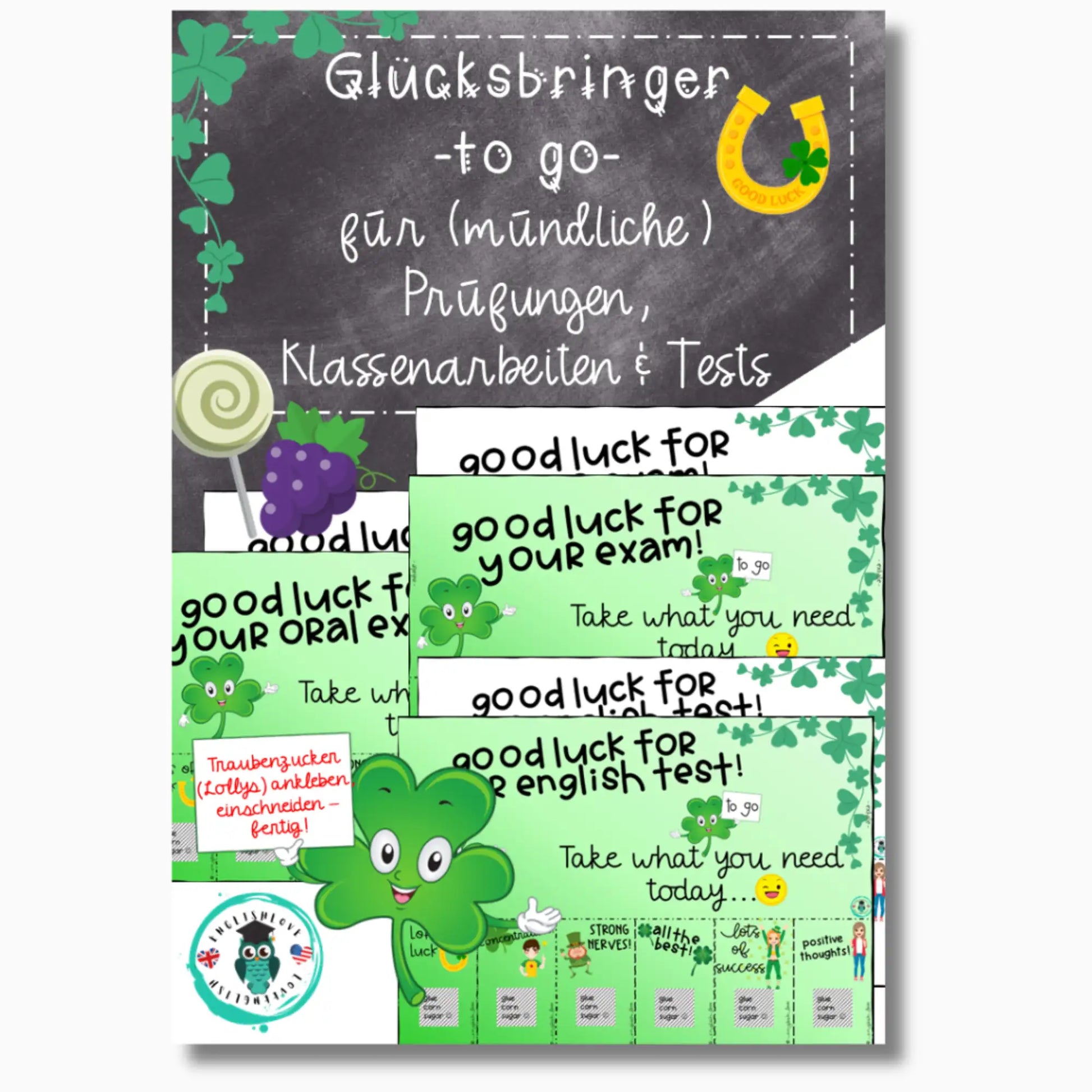 Glücksbringer Englisch: Prüfung, mündliche Prüfung, exam, Klassenarbeit, Test