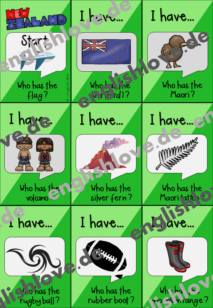 I have who has Spiel. Unterrichtsmaterial Englischunterricht Spielkarten Neuseeland