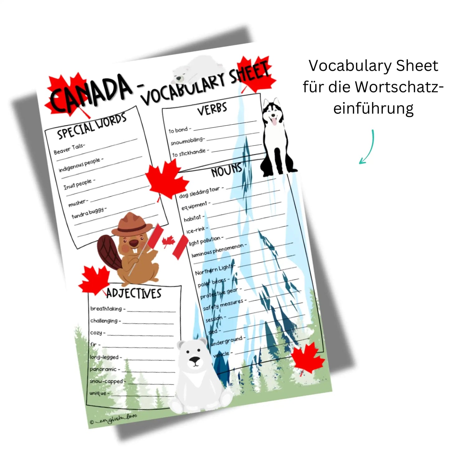 Unterricht Englisch Canada Speaking Vokabel Arbeitsblatt Kanada für Englischlehrkräfte