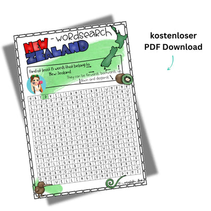 Neuseeland Englischunterricht Arbeitsblatt Suchsel kostenlos PDF Download