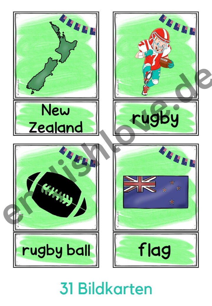 31 Picture Word Cards (Bildkarten) Vokabular Neuseeland New Zealand