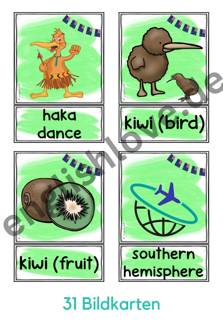 31 Picture Word Cards (Bildkarten) Vokabular Neuseeland New Zealand