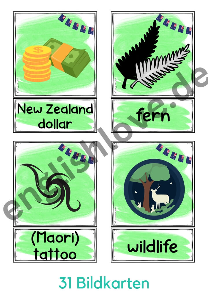 31 Picture Word Cards (Bildkarten) Vokabular Neuseeland