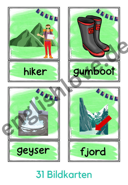 31 Picture Word Cards (Bildkarten) Vokabular Neuseeland