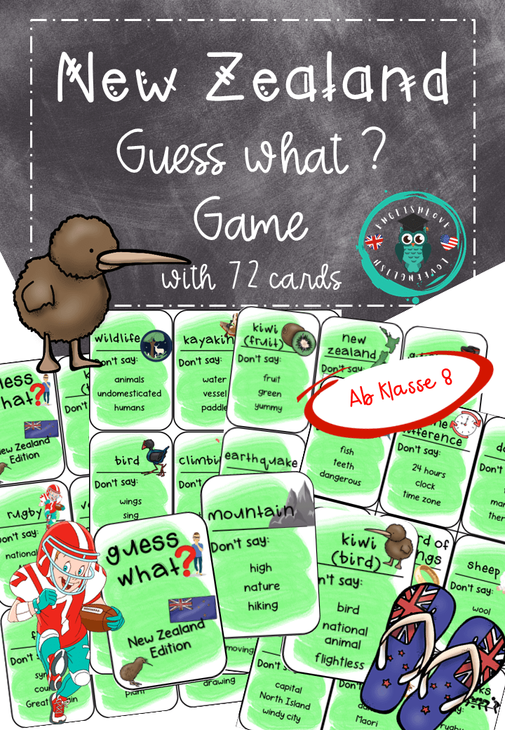 Neuseeland Unterrichtsmaterial: Spiel (Tabu / guess what) mit 72 Spielkarten