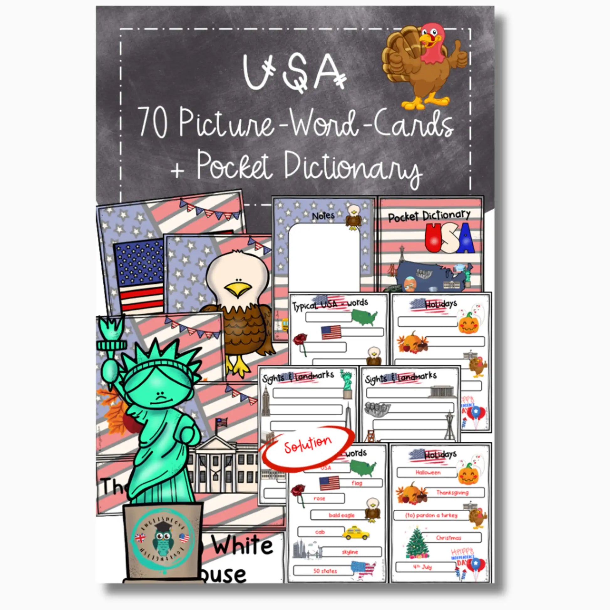 70 Picture Word Cards für Englischlehrer. Vokabeln Thema USA