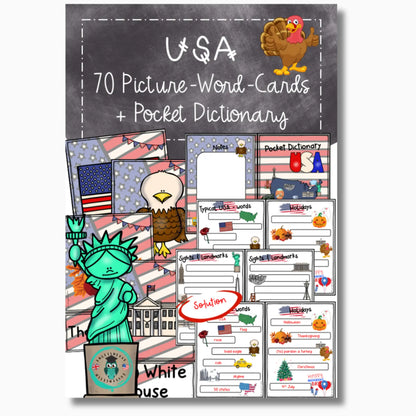 70 Picture Word Cards für Englischlehrer. Vokabeln Thema USA