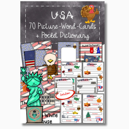70 Picture Word Cards für Englischlehrer. Vokabeln Thema USA