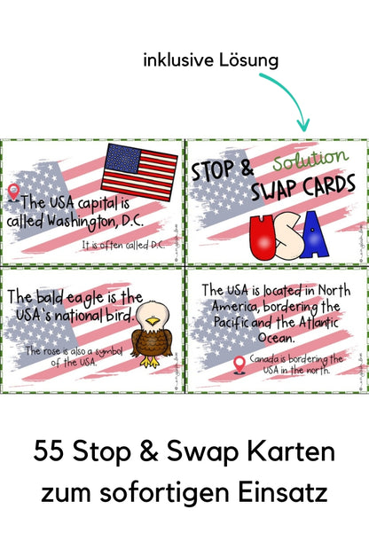 USA Unterrichtsmaterial Englisch: 55 Stop & Swap Karten mit Lösung