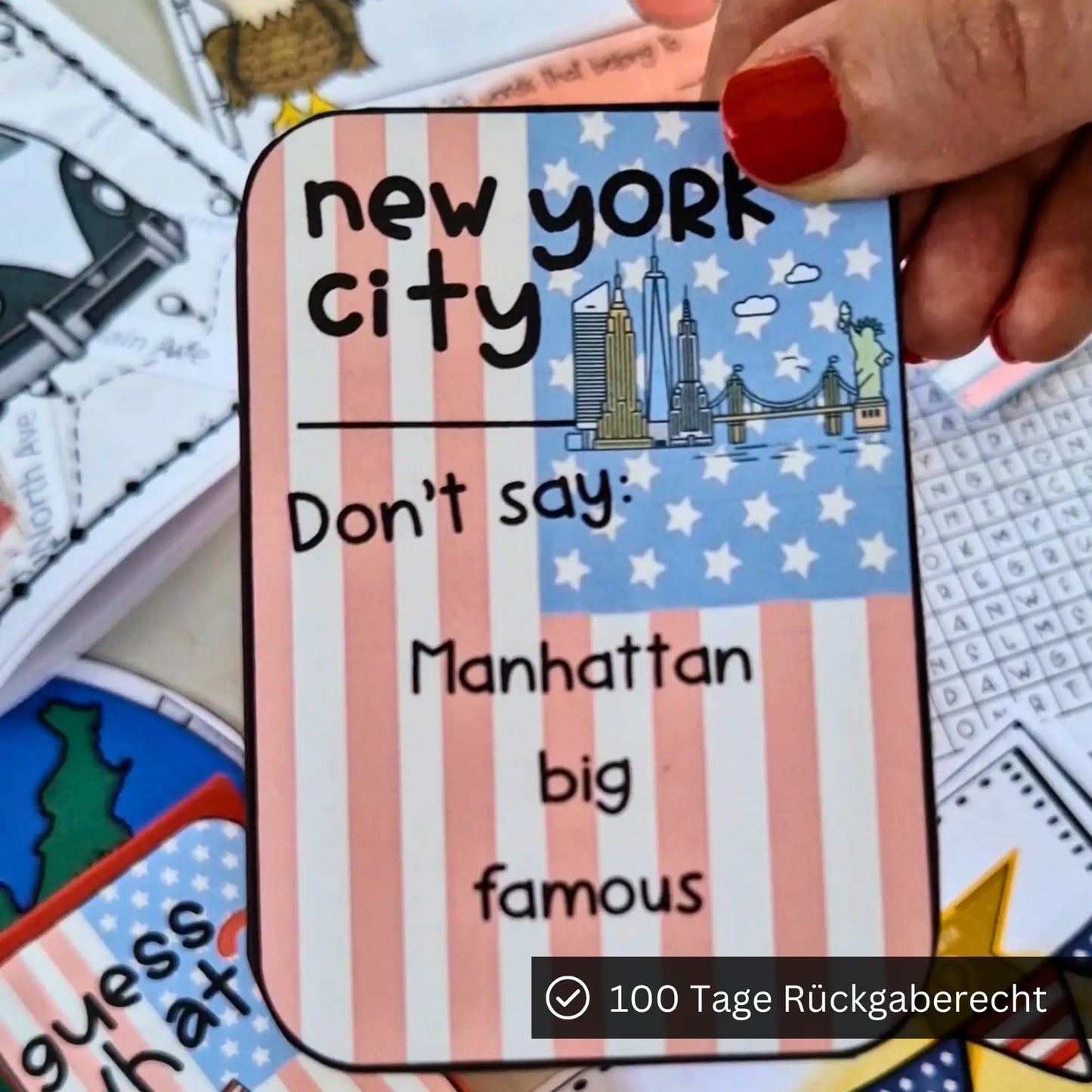 USA Unterrichtsmaterial Spiel Guess What Spielkarten 100 Tage Rückgaberecht