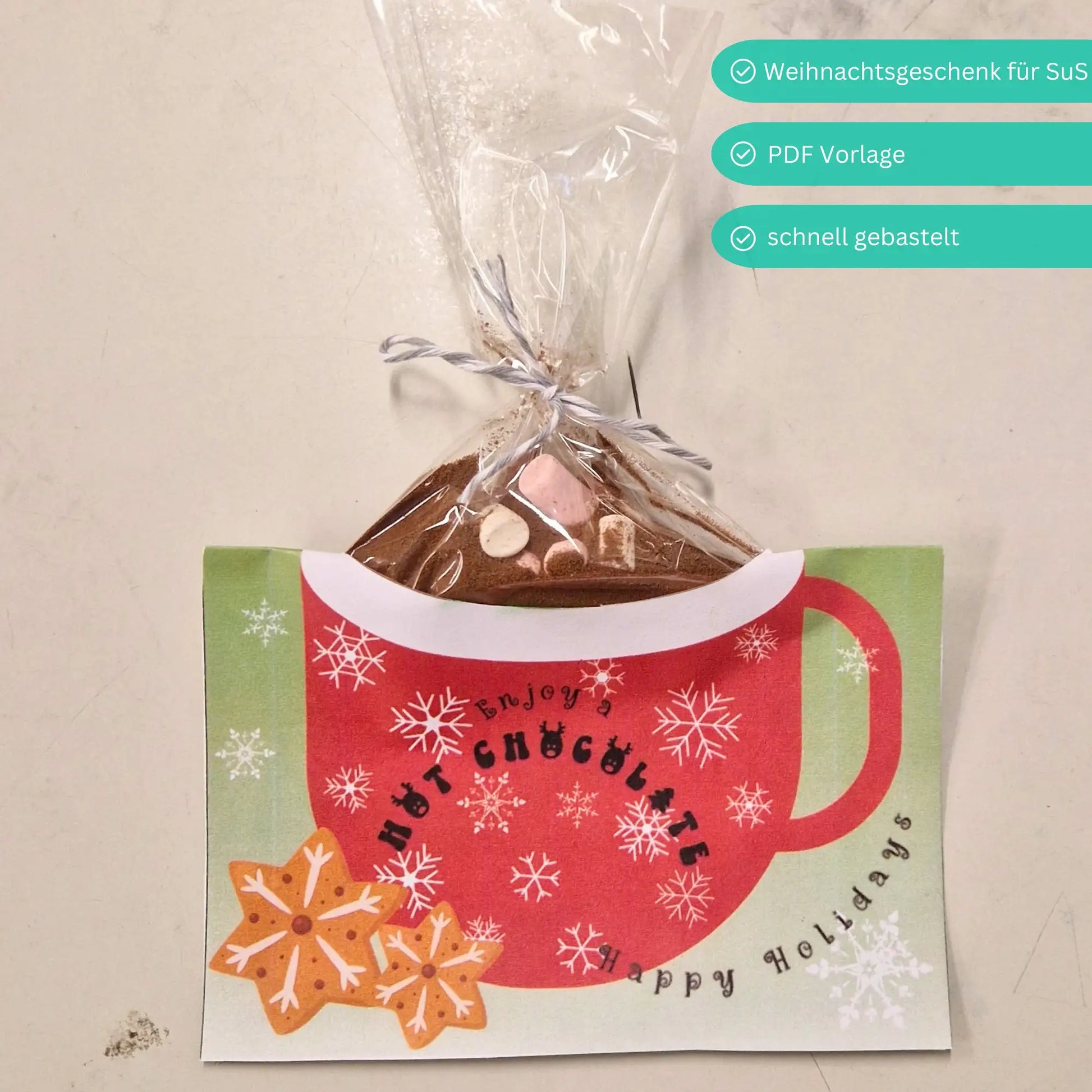 Weihnachtsgeschenk für Schüler. Geschenkidee für Englischlehrkräfte. Vorlage Hot Chocolate. PDF Vorlage