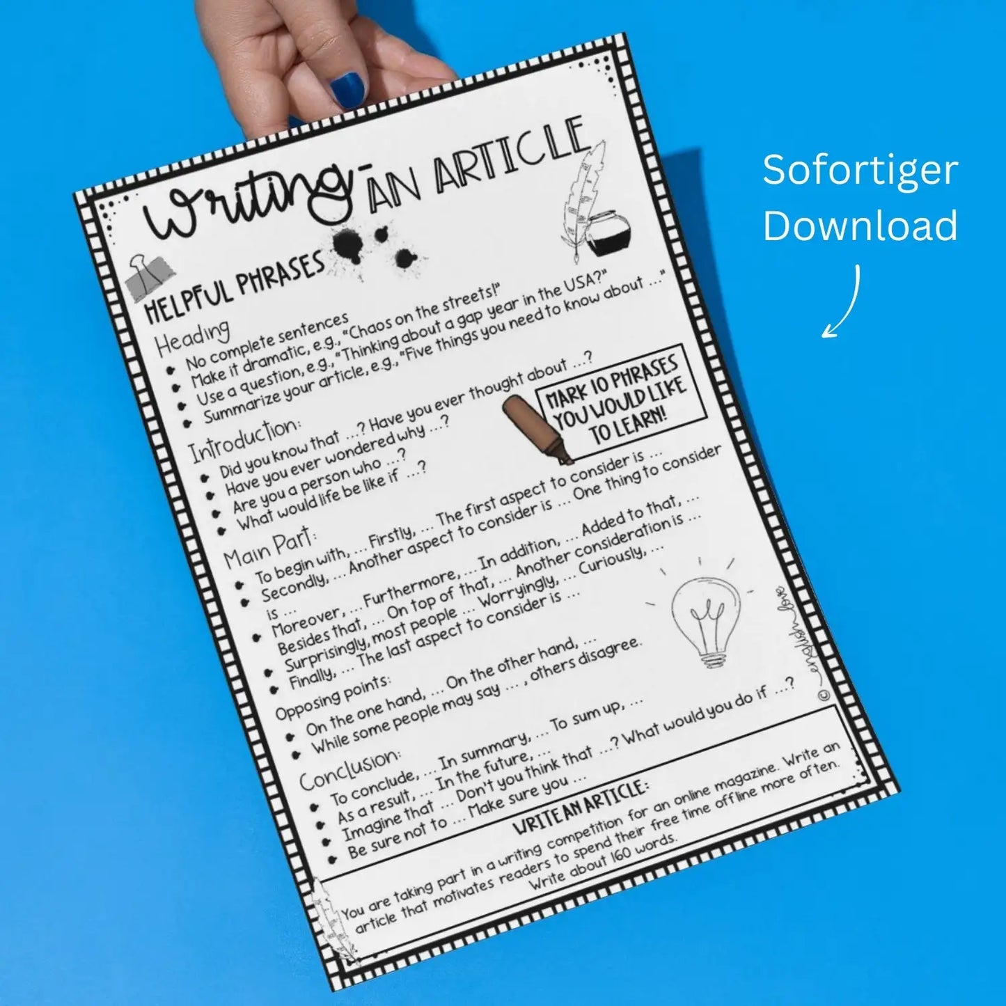 Unterrichtsmaterial Writing an article für Englischlehrkräfte. Klasse 7 - 10 Englischunterricht. Article Übung & Arbeitsblatt. Sofortiger Download