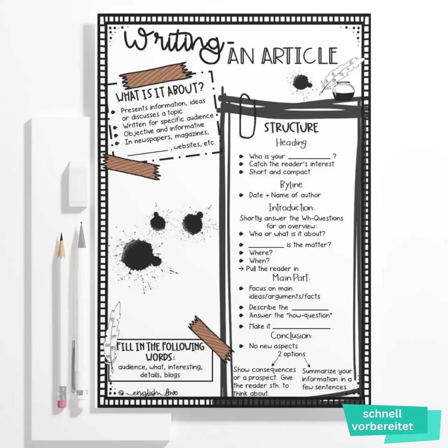 Unterrichtsmaterial Writing an article für Englischlehrkräfte. Klasse 7 - 10 Englischunterricht. Aufbau und Struktur