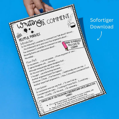 Unterrichtsmaterial Writing a Comment für Englischlehrkräfte. Klasse 7 - 10 Englischunterricht. Helpful phrases. Sofortiger Download