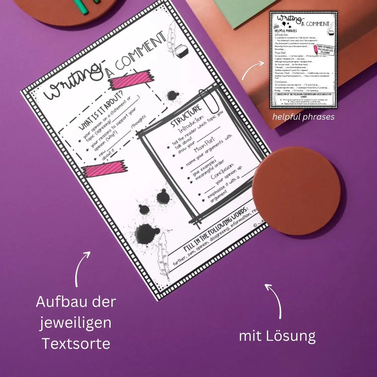 Writing Comment Arbeitsblatt mit Lösung, Übungen und helful phrases